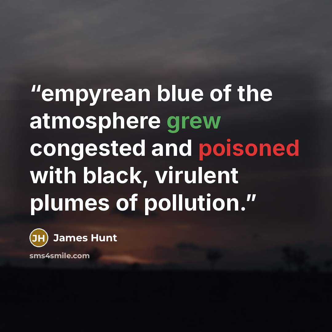 “empyrean blue of the atmosphere grew congested and poisoned with black, virulent plumes of pollution.” quote by James Hunt