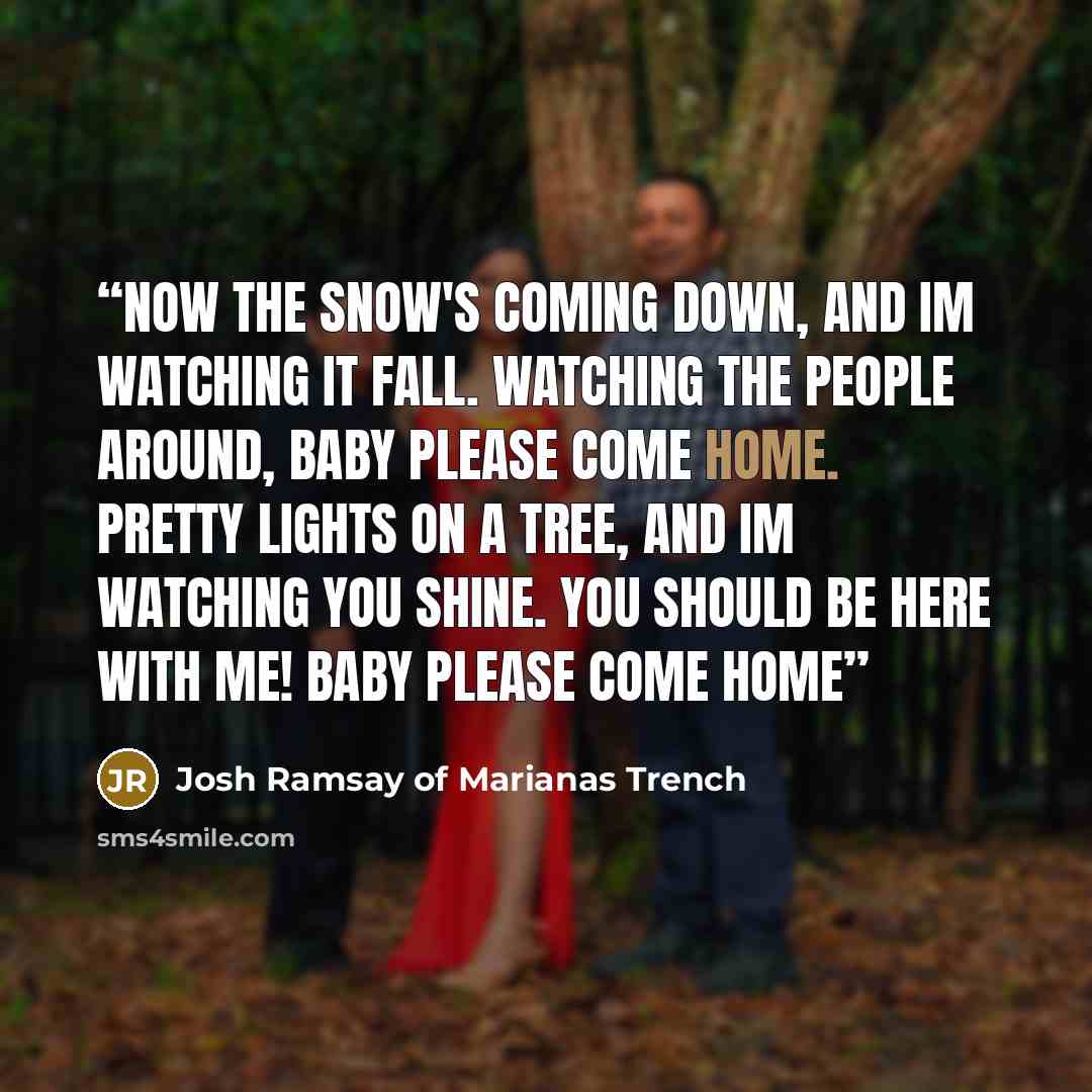 “Now the snow's coming down, and im watching it fall. Watching the people around, baby please come home. Pretty lights on a tree, and im watching you shine. You should be here with me! Baby please come home” quote by Josh Ramsay of Marianas Trench