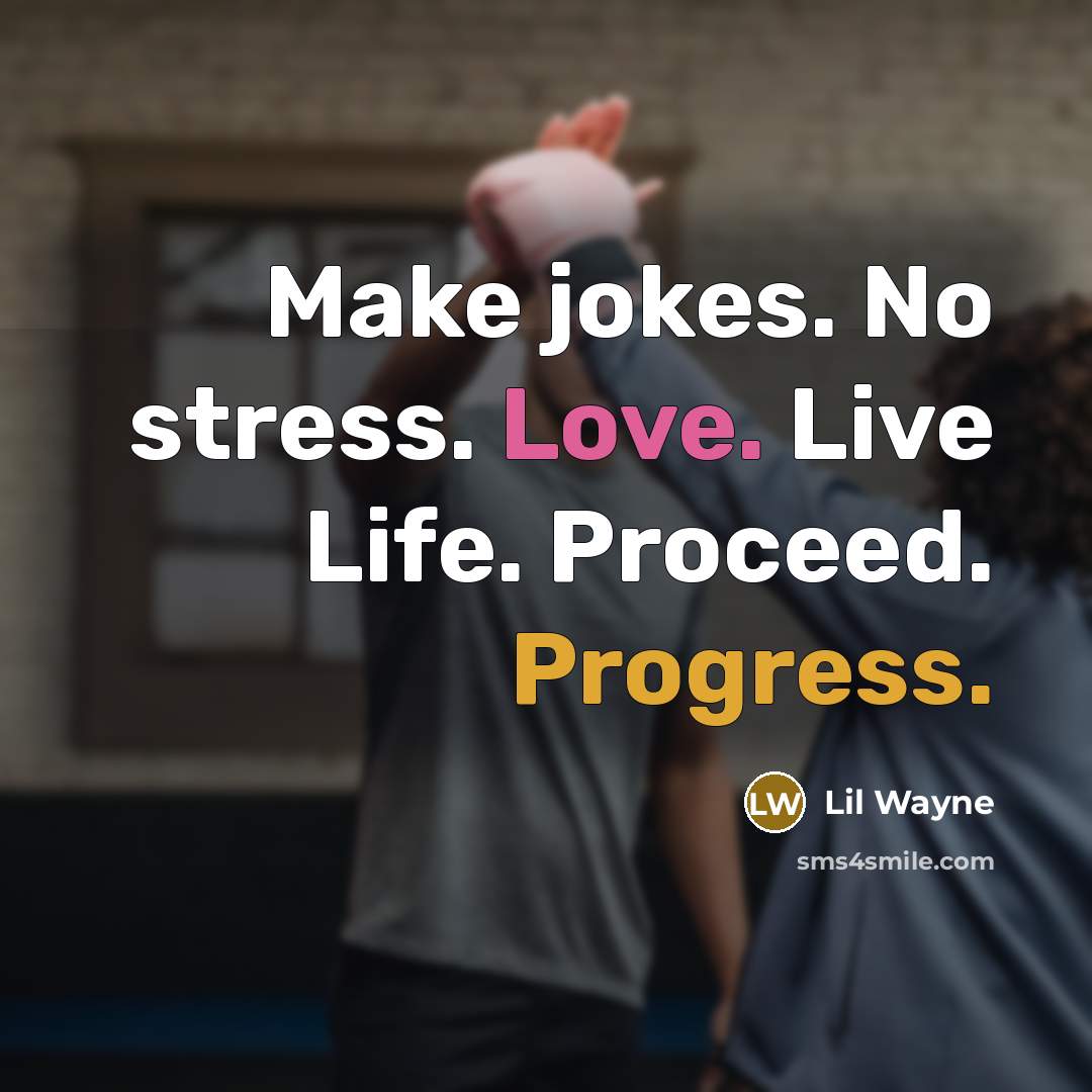 “Make jokes. No stress. Love. Live Life. Proceed. Progress.…” quote by Lil Wayne