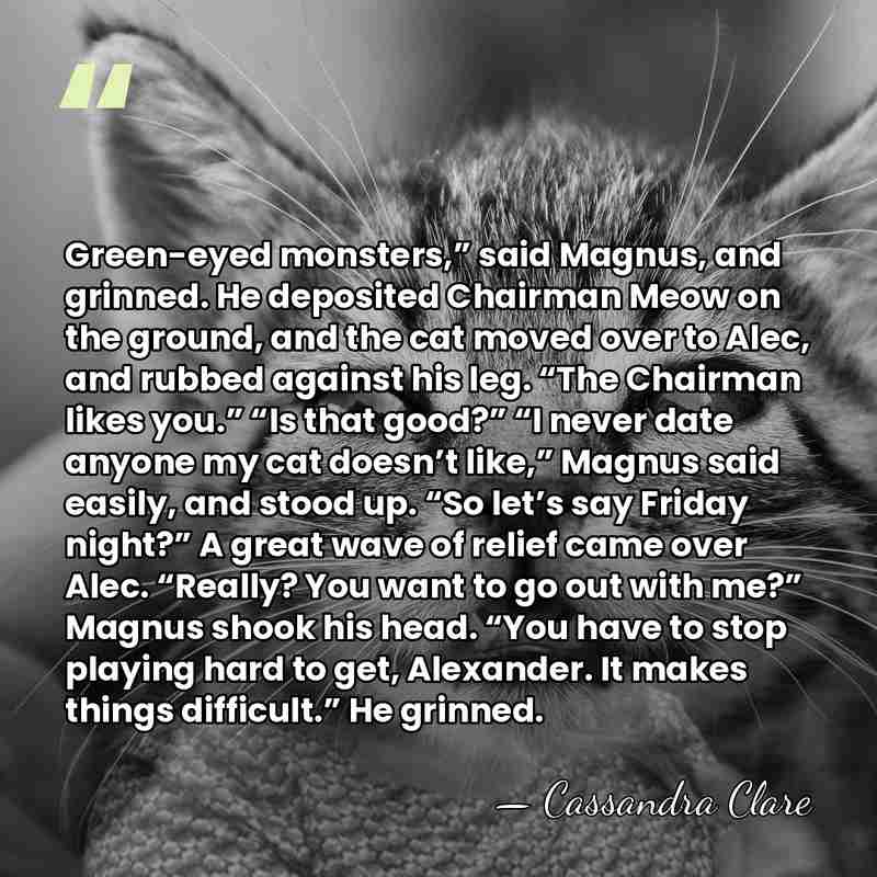 Green-eyed monsters,” said Magnus, and grinned. He deposited Chairman Meow on the&hellip; - Cassandra Clare