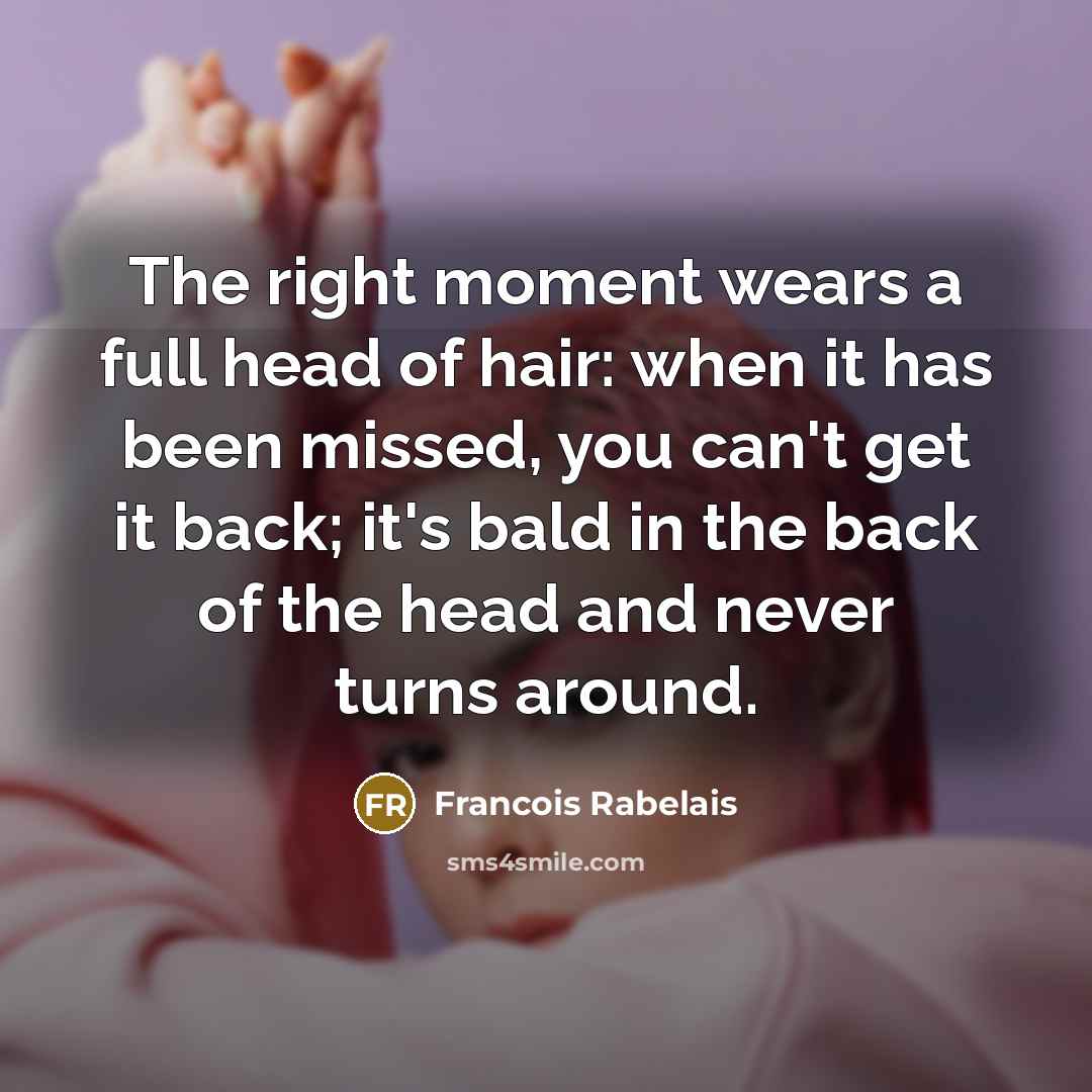 “The right moment wears a full head of hair: when it has been missed, you can't get it back; it's bald in the back of the head and never turns around.” quote by Francois Rabelais