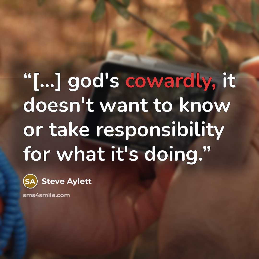 “[...] god's cowardly, it doesn't want to know or take responsibility for what it's doing.” quote by Steve Aylett