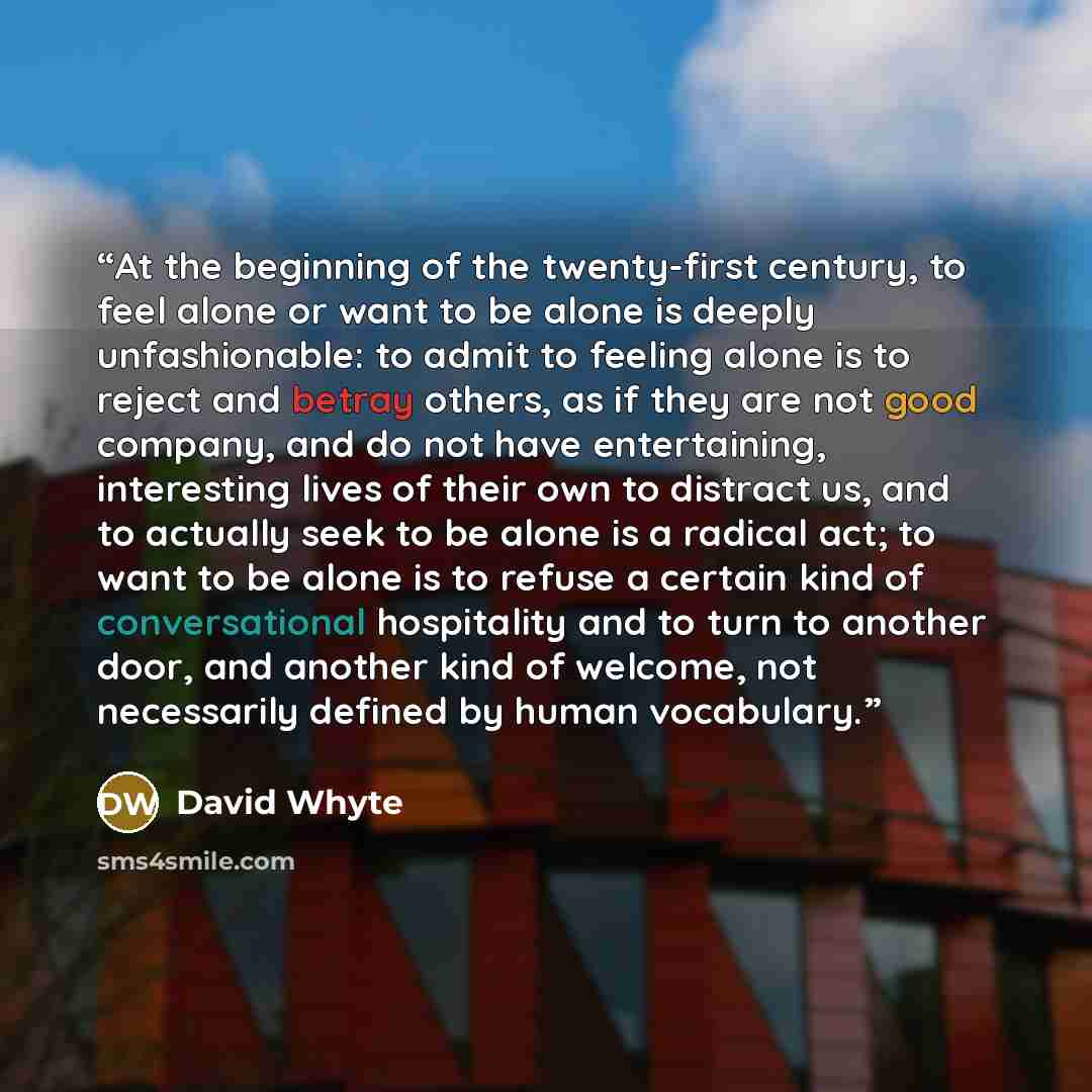 “At the beginning of the twenty-first century, to feel alone or want to be alone is deeply unfashionable: to admit to feeling alone is to reject and betray others, as if they are not good company, and do not have entertaining, interesting lives of their own to distract us, and to actually seek to…” quote by David Whyte
