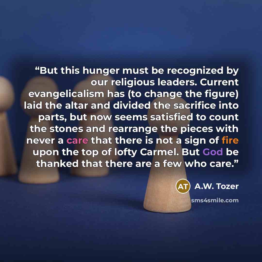 “But this hunger must be recognized by our religious leaders. Current evangelicalism has (to change the figure) laid the altar and divided the sacrifice into parts, but now seems satisfied to count the stones and rearrange the pieces with never a care that there is not a sign of fire upon the top…” quote by A.W. Tozer