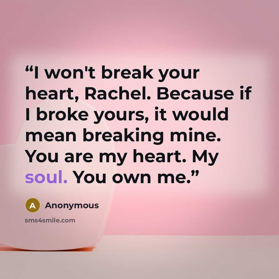 “I won't break your heart, Rachel. Because if I broke yours, it would mean breaking mine. You are my heart. My soul. You own me.” quote by Anonymous