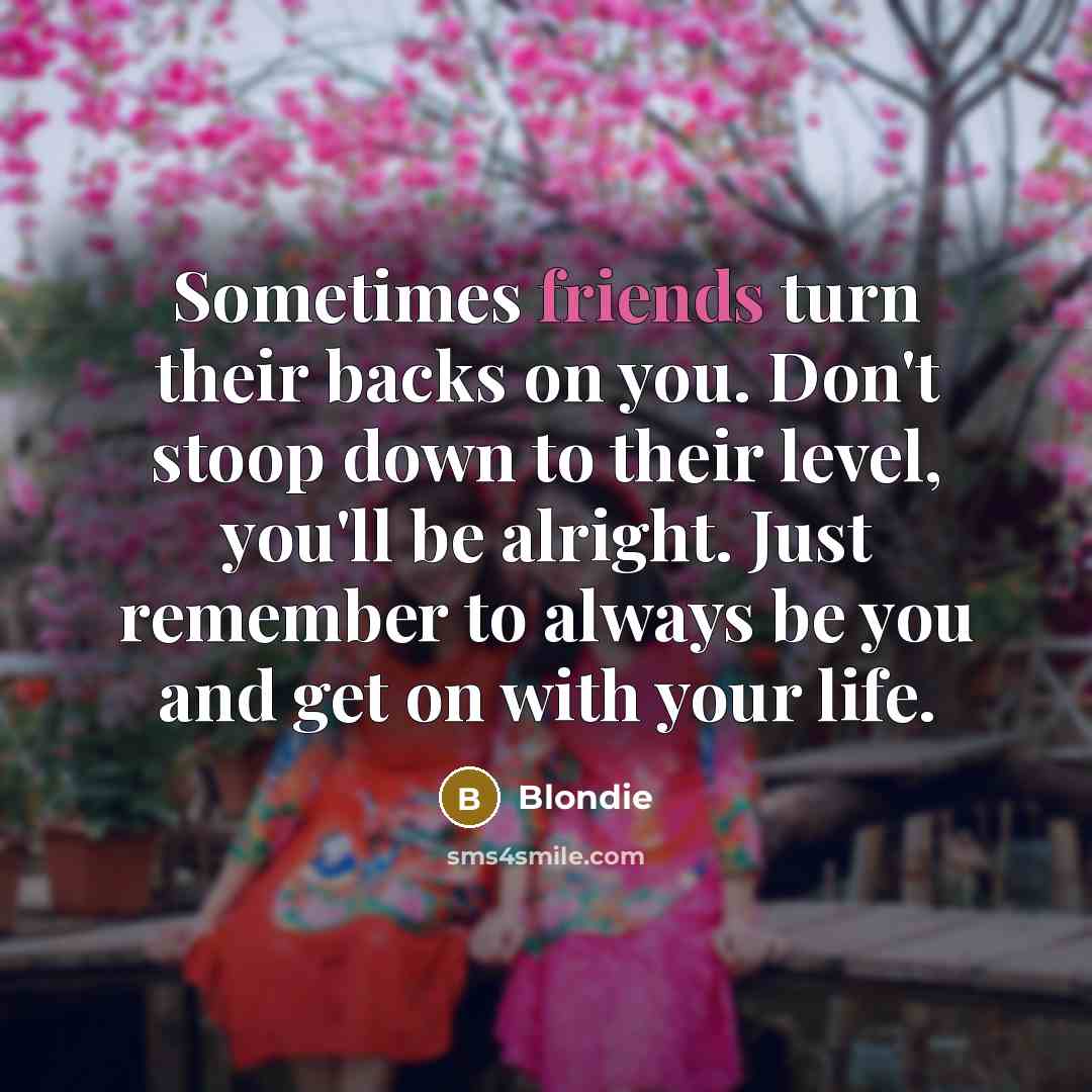 “Sometimes friends turn their backs on you. Don't stoop down to their level, you'll be alright. Just remember to always be you and get on with your life.” quote by Blondie