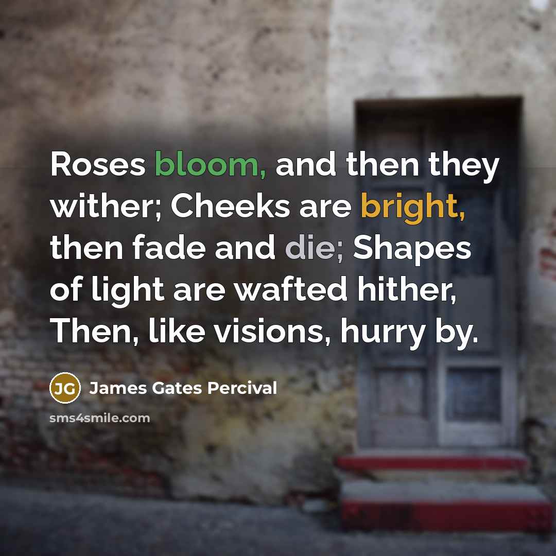 “Roses bloom, and then they wither; Cheeks are bright, then fade and die; Shapes of light are wafted hither, Then, like visions, hurry by.” quote by James Gates Percival