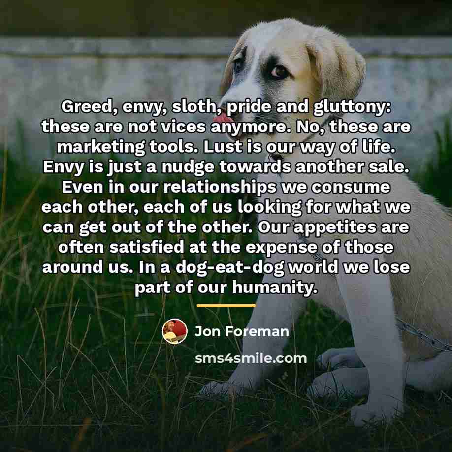 “Greed, envy, sloth, pride and gluttony: these are not vices…” quote by Jon Foreman