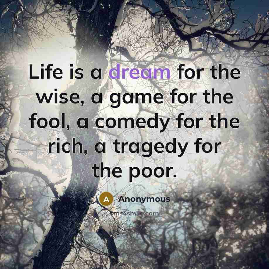 “Life is a dream for the wise, a game for…” quote by Anonymous