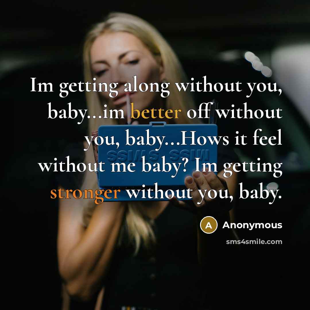 “Im getting along without you, baby...im better off without you, baby...Hows it feel without me baby? Im getting stronger without you, baby.” quote by Anonymous