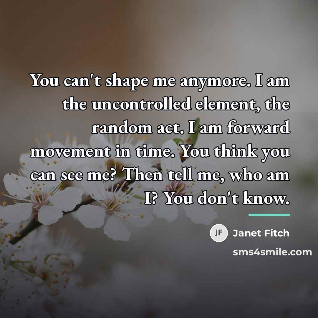 “You can't shape me anymore. I am the uncontrolled element,…” quote by Janet Fitch