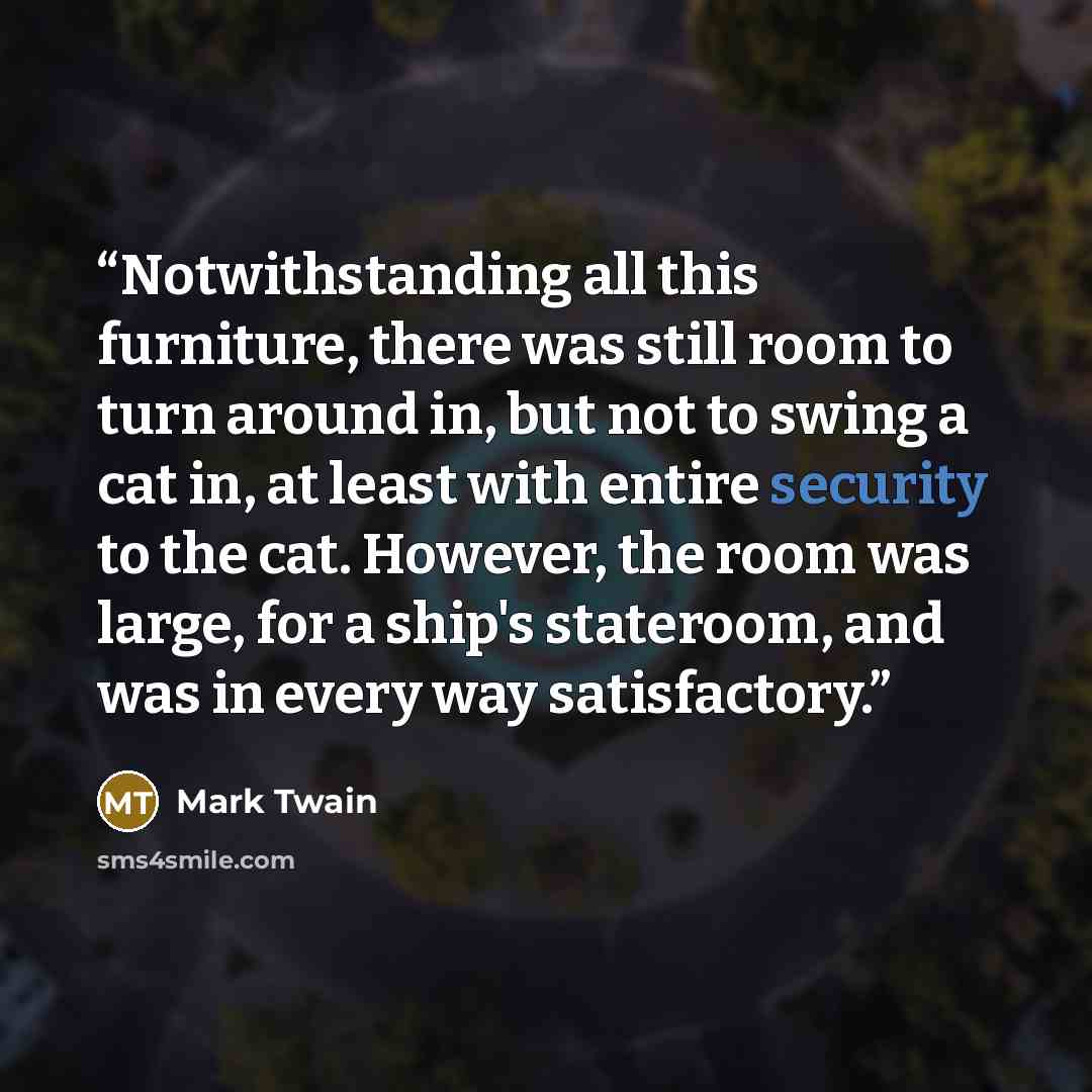 “Notwithstanding all this furniture, there was still room to turn around in, but not to swing a cat in, at least with entire security to the cat. However, the room was large, for a ship's stateroom, and was in every way satisfactory.” quote by Mark Twain