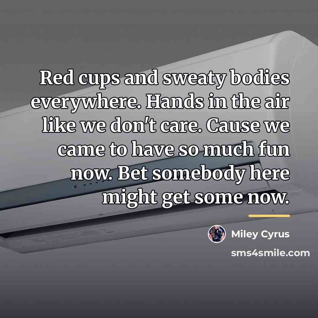 “Red cups and sweaty bodies everywhere. Hands in the air…” quote by Miley Cyrus