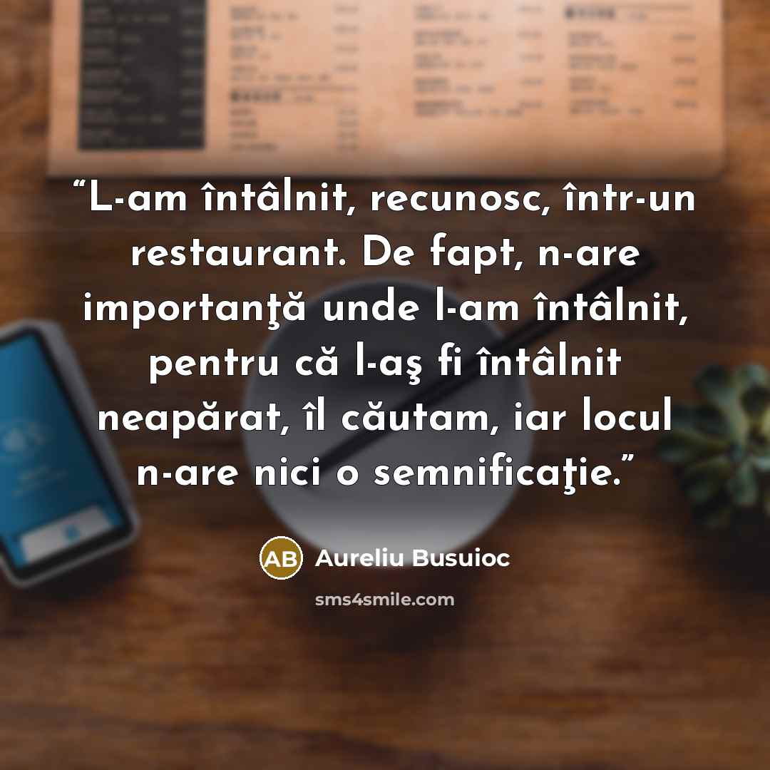 “L-am întâlnit, recunosc, într-un restaurant. De fapt, n-are importanţă unde l-am întâlnit, pentru că l-aş fi întâlnit neapărat, îl căutam, iar locul n-are nici o semnificaţie.” quote by Aureliu Busuioc