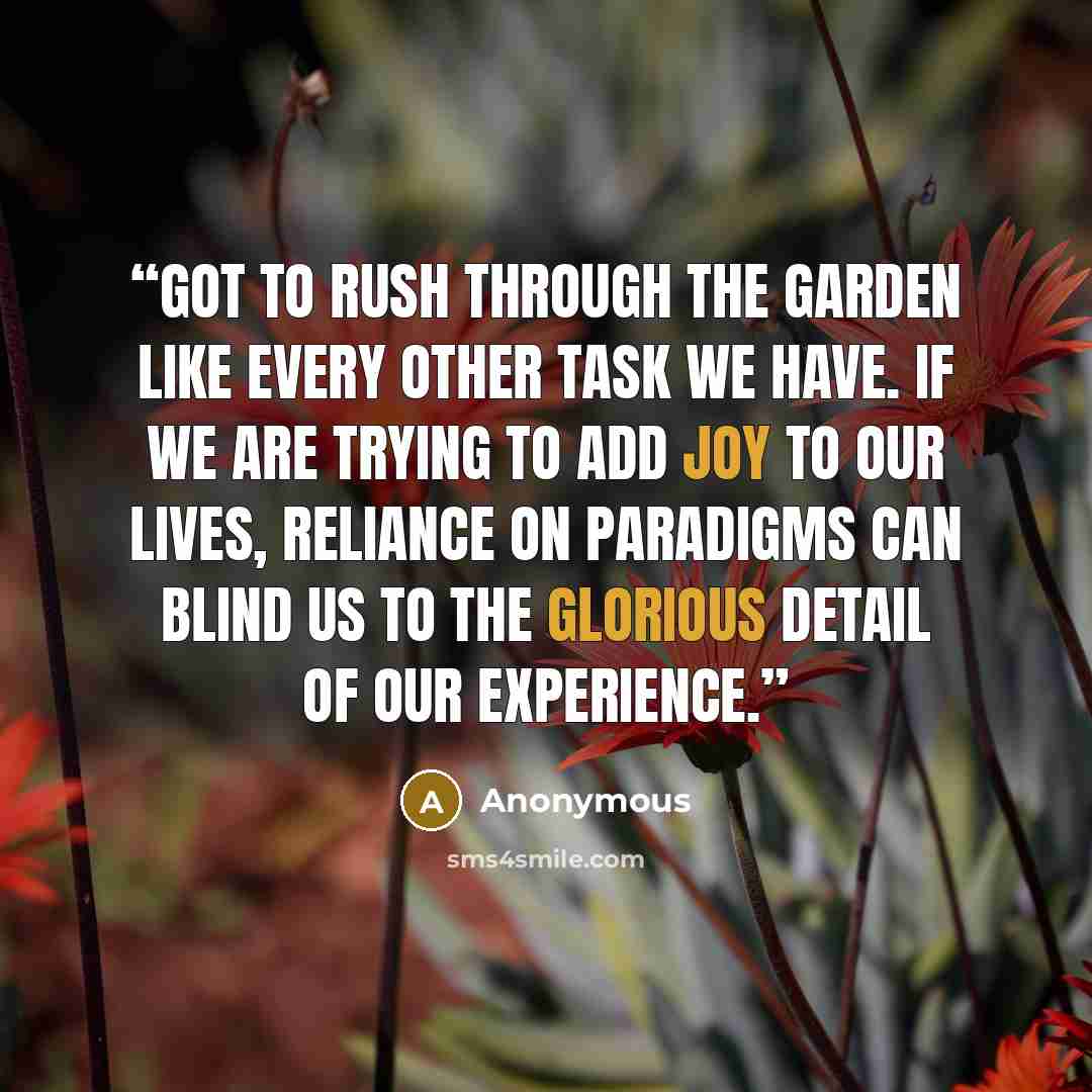 “Got to rush through the garden like every other task we have. If we are trying to add joy to our lives, reliance on paradigms can blind us to the glorious detail of our experience.” quote by Anonymous