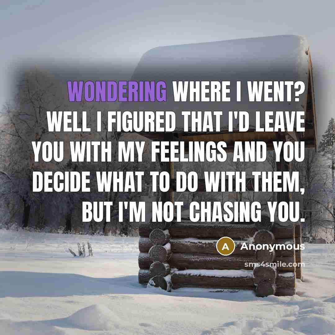 “Wondering where I went? Well I figured that I'd leave you with my feelings and you decide what to do with them, but I'm not chasing you.” quote by Anonymous