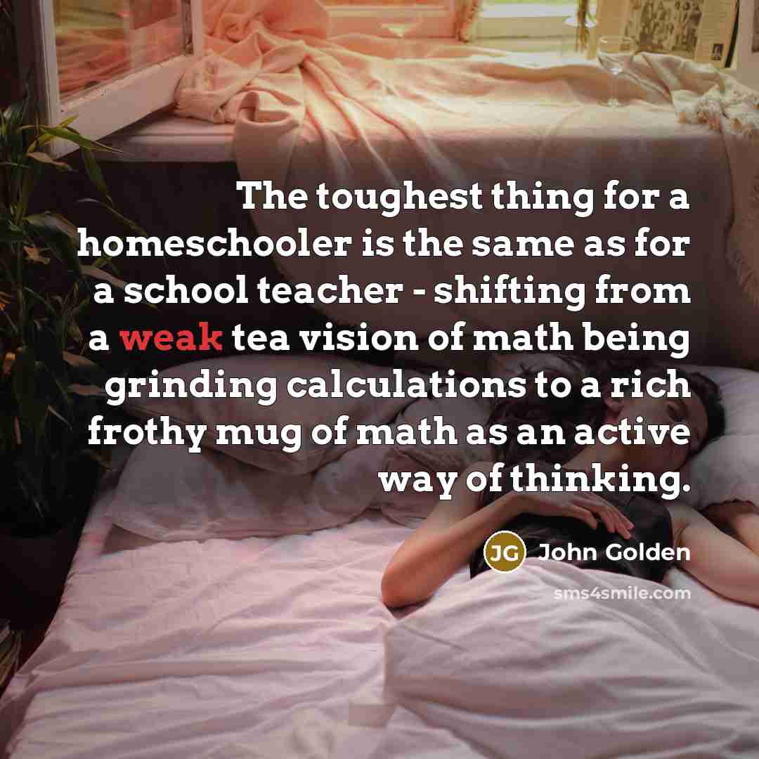 “The toughest thing for a homeschooler is the same as for a school teacher - shifting from a weak tea vision of math being grinding calculations to a rich frothy mug of math as an active way of thinking.” quote by John Golden