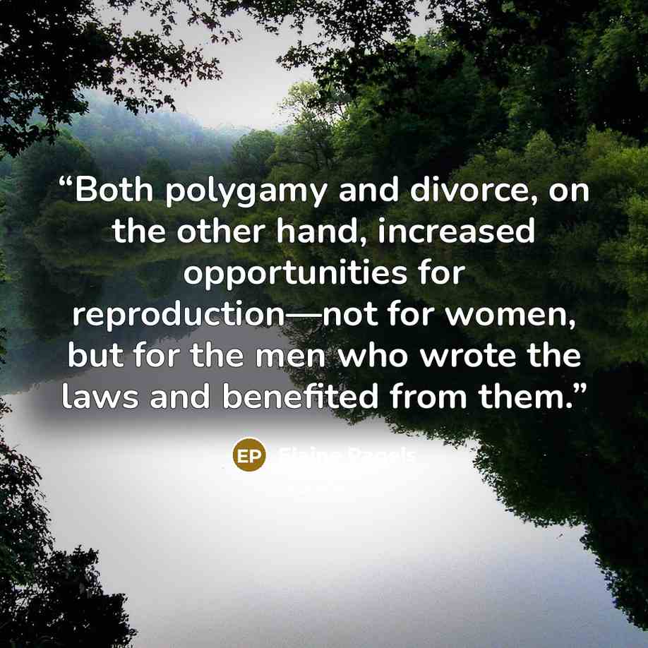 “Both polygamy and divorce, on the other hand, increased opportunities for reproduction—not for women, but for the men who wrote the laws and benefited from them.” quote by Elaine Pagels