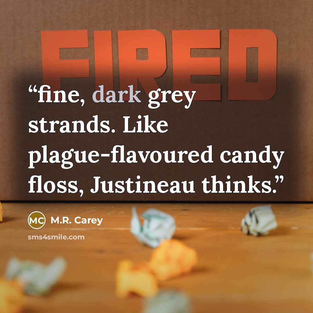 “fine, dark grey strands. Like plague-flavoured candy floss, Justineau thinks.” quote by M.R. Carey