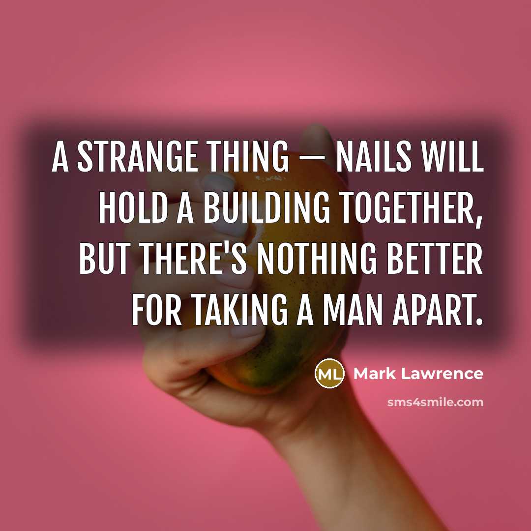 “A strange thing — nails will hold a building together,…” quote by Mark Lawrence
