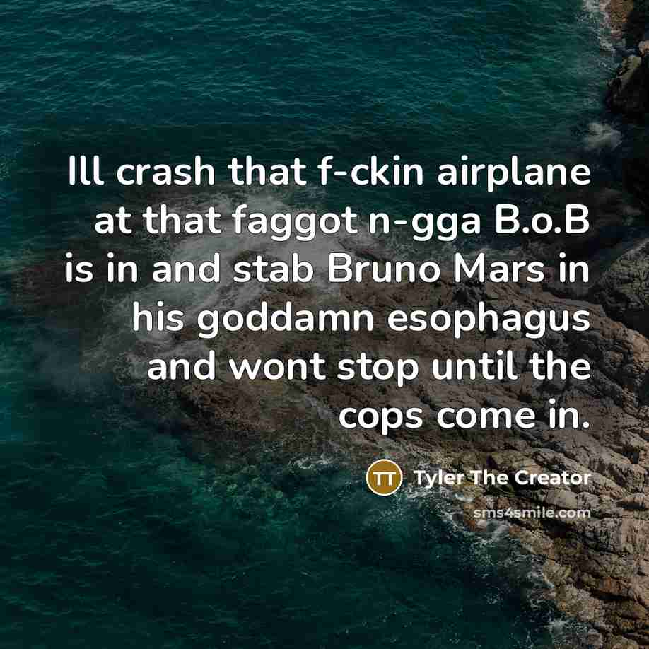 “Ill crash that f-ckin airplane at that faggot n-gga B.o.B is in and stab Bruno Mars in his goddamn esophagus and wont stop until the cops come in.” quote by Tyler The Creator