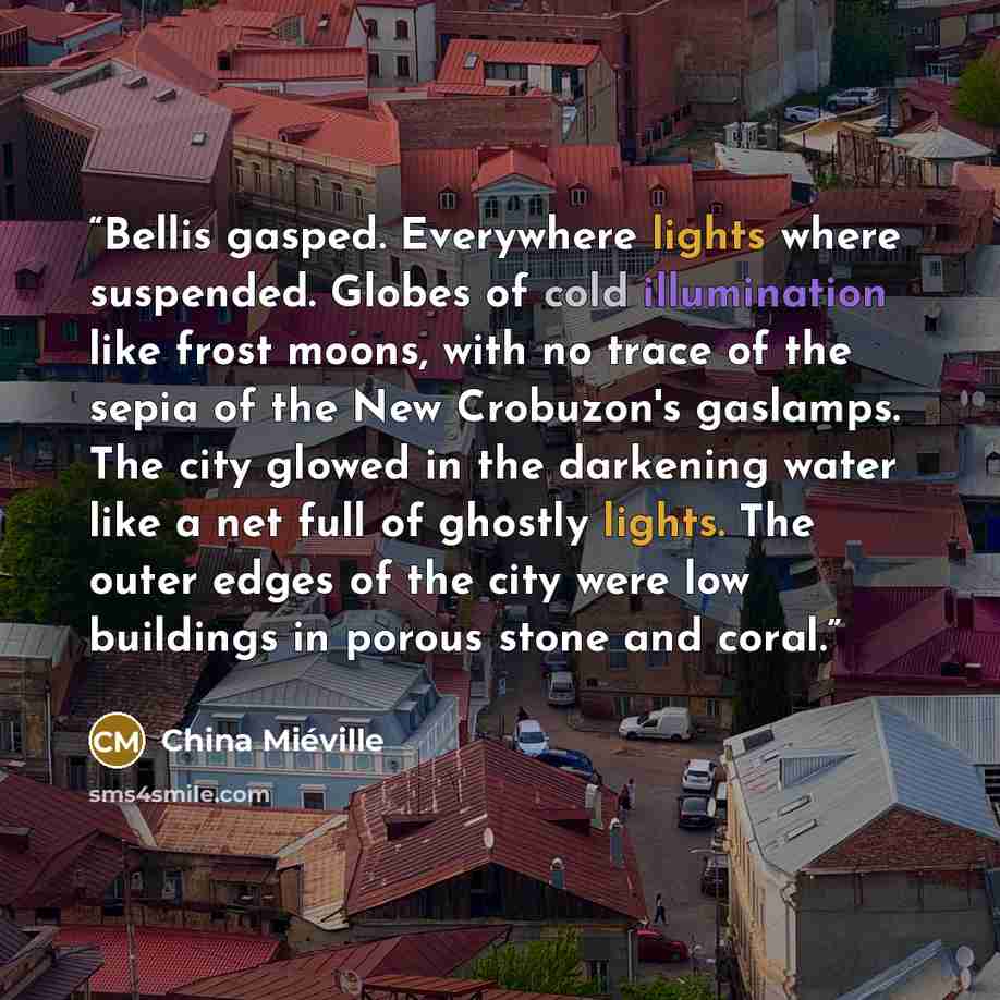 “Bellis gasped. Everywhere lights where suspended. Globes of cold illumination like frost moons, with no trace of the sepia of the New Crobuzon's gaslamps. The city glowed in the darkening water like a net full of ghostly lights. The outer edges of the city were low buildings in porous stone and…” quote by China Miéville