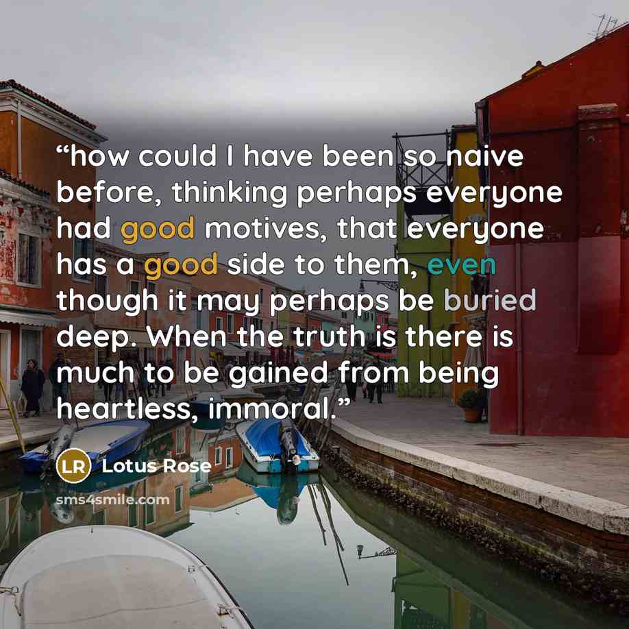 “how could I have been so naive before, thinking perhaps everyone had good motives, that everyone has a good side to them, even though it may perhaps be buried deep. When the truth is there is much to be gained from being heartless, immoral.” quote by Lotus Rose