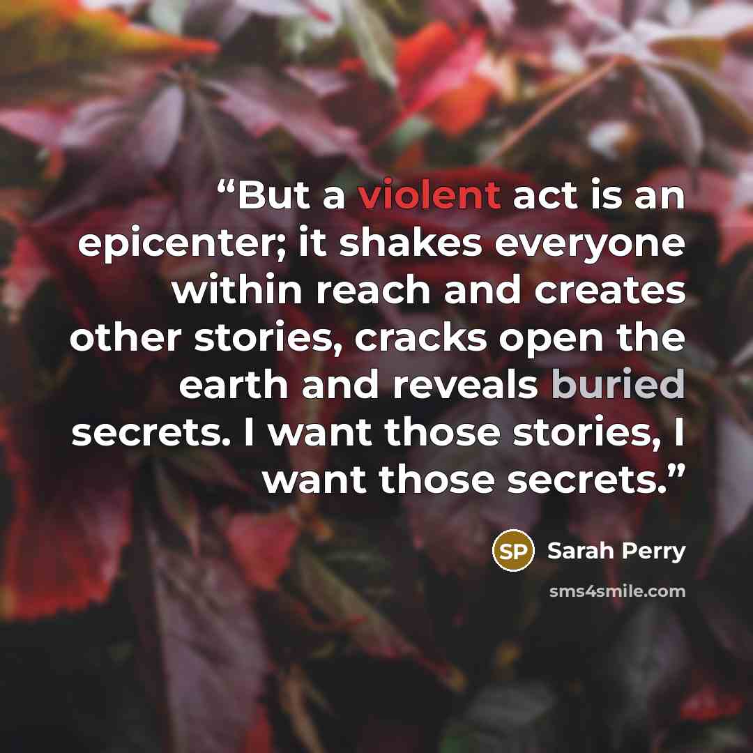 “But a violent act is an epicenter; it shakes everyone within reach and creates other stories, cracks open the earth and reveals buried secrets. I want those stories, I want those secrets.” quote by Sarah Perry