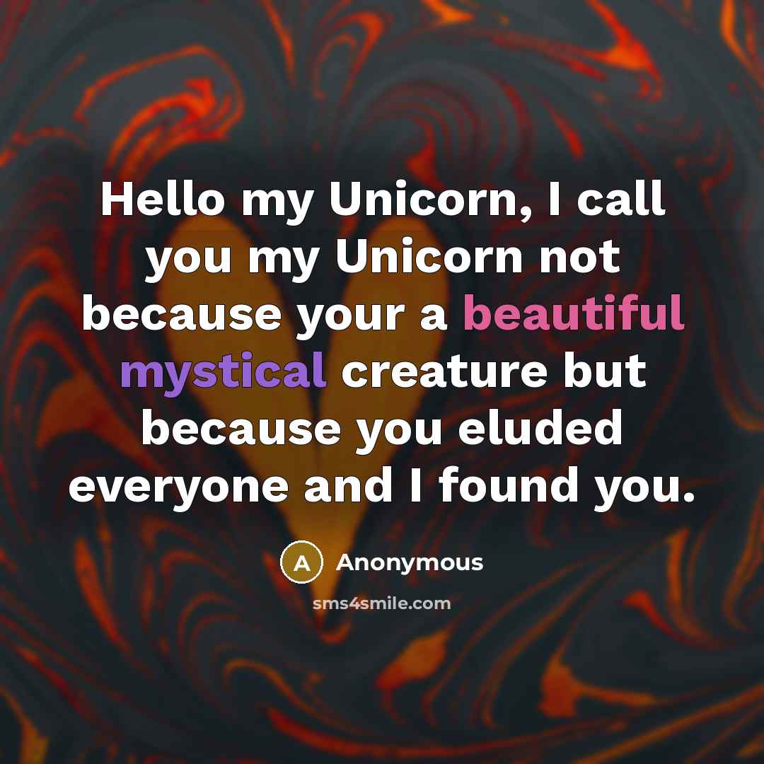 “Hello my Unicorn, I call you my Unicorn not because your a beautiful mystical creature but because you eluded everyone and I found you.” quote by Anonymous