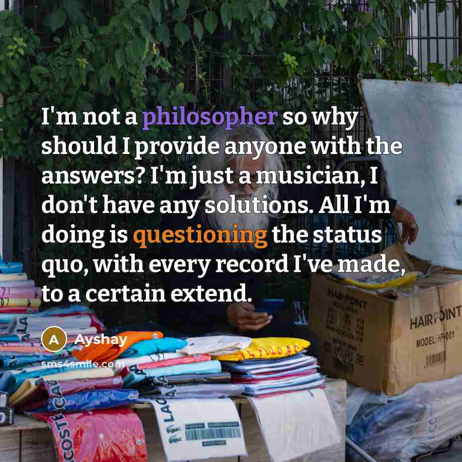 “I'm not a philosopher so why should I provide anyone with the answers? I'm just a musician, I don't have any solutions. All I'm doing is questioning the status quo, with every record I've made, to a certain extend.” quote by Ayshay