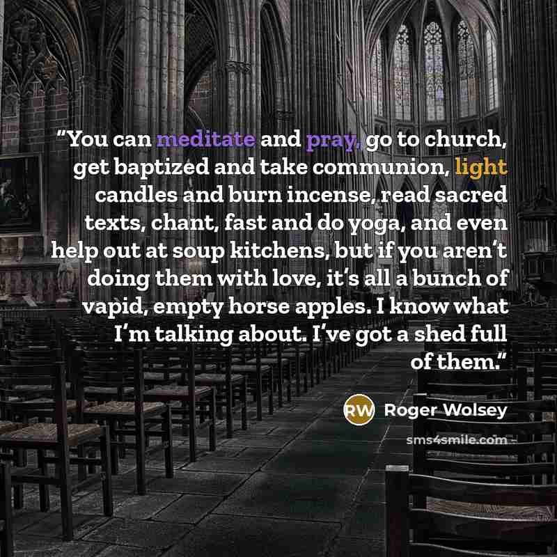 “You can meditate and pray, go to church, get baptized and take communion, light candles and burn incense, read sacred texts, chant, fast and do yoga, and even help out at soup kitchens, but if you aren’t doing them with love, it’s all a bunch of vapid, empty horse apples. I know what I’m talking…” quote by Roger Wolsey