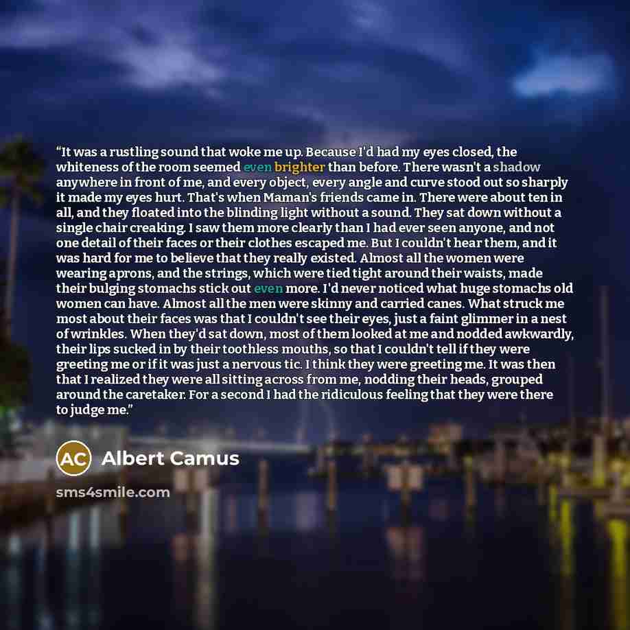 “It was a rustling sound that woke me up. Because I'd had my eyes closed, the whiteness of the room seemed even brighter than before. There wasn't a shadow anywhere in front of me, and every object, every angle and curve stood out so sharply it made my eyes hurt. That's when Maman's friends came…” quote by Albert Camus