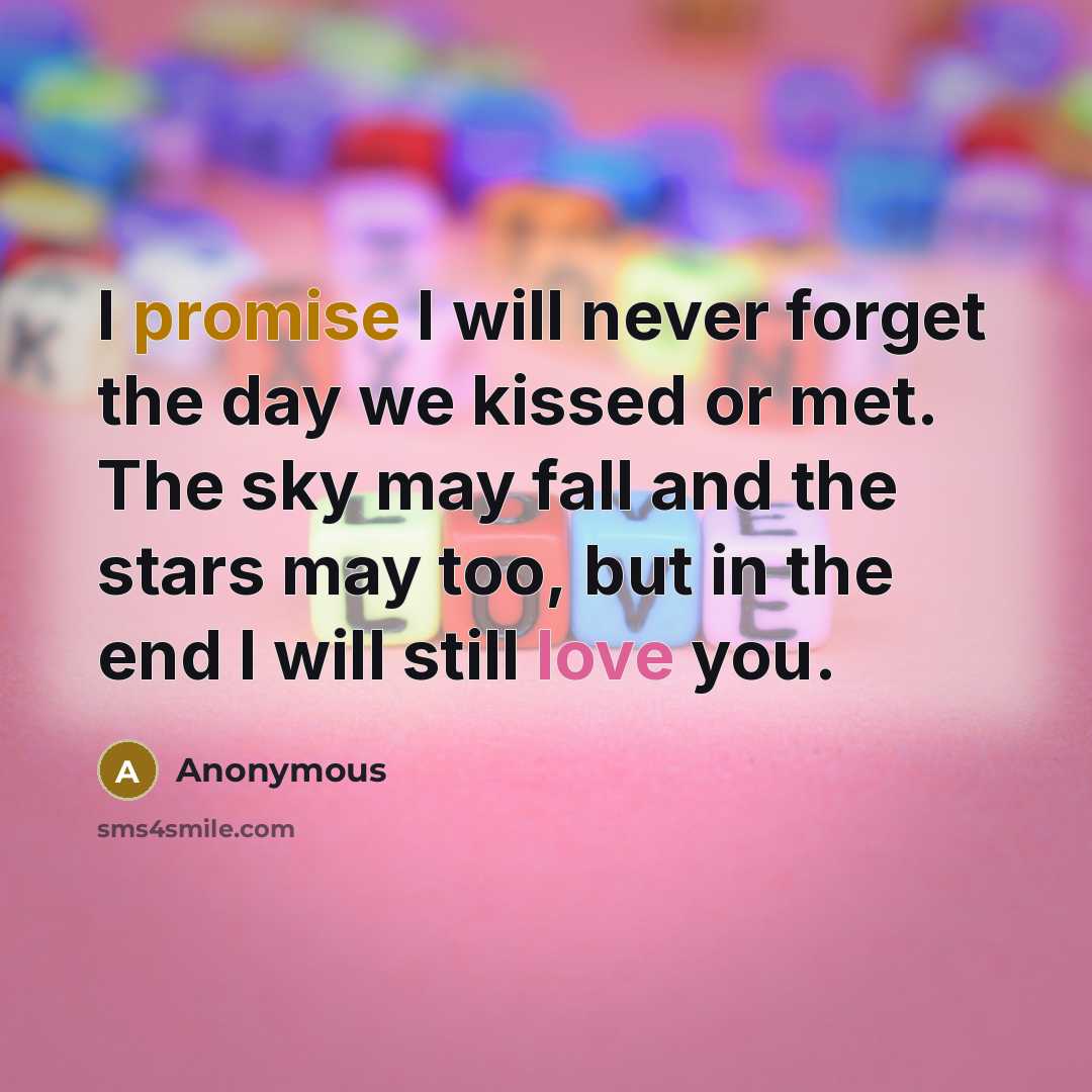 “I promise I will never forget the day we kissed or met. The sky may fall and the stars may too, but in the end I will still love you.” quote by Anonymous