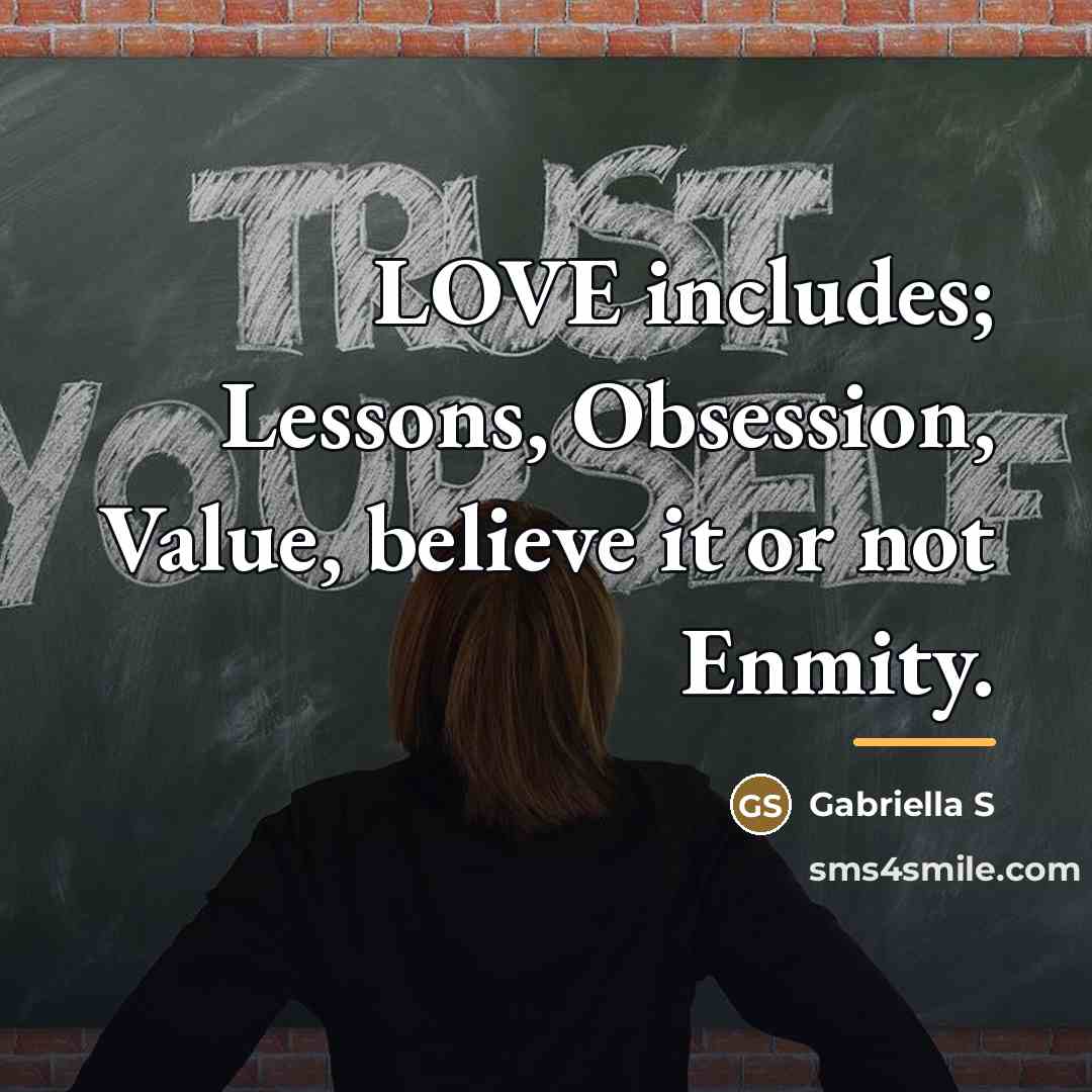 “LOVE includes; Lessons, Obsession, Value, believe it or not Enmity.…” quote by Gabriella S