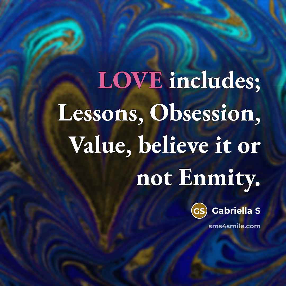 “LOVE includes; Lessons, Obsession, Value, believe it or not Enmity.” quote by Gabriella S