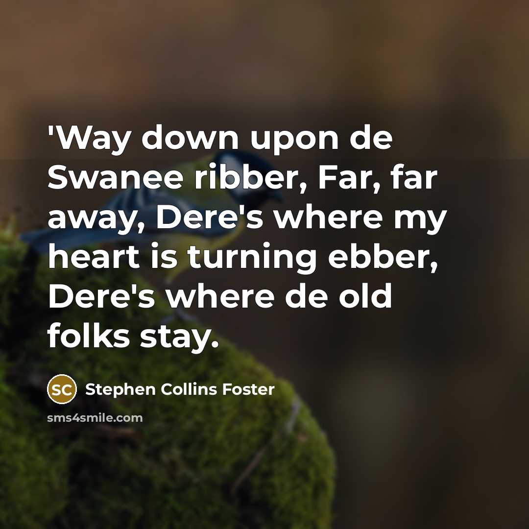 “'Way down upon de Swanee ribber, Far, far away, Dere's where my heart is turning ebber, Dere's where de old folks stay.” quote by Stephen Collins Foster