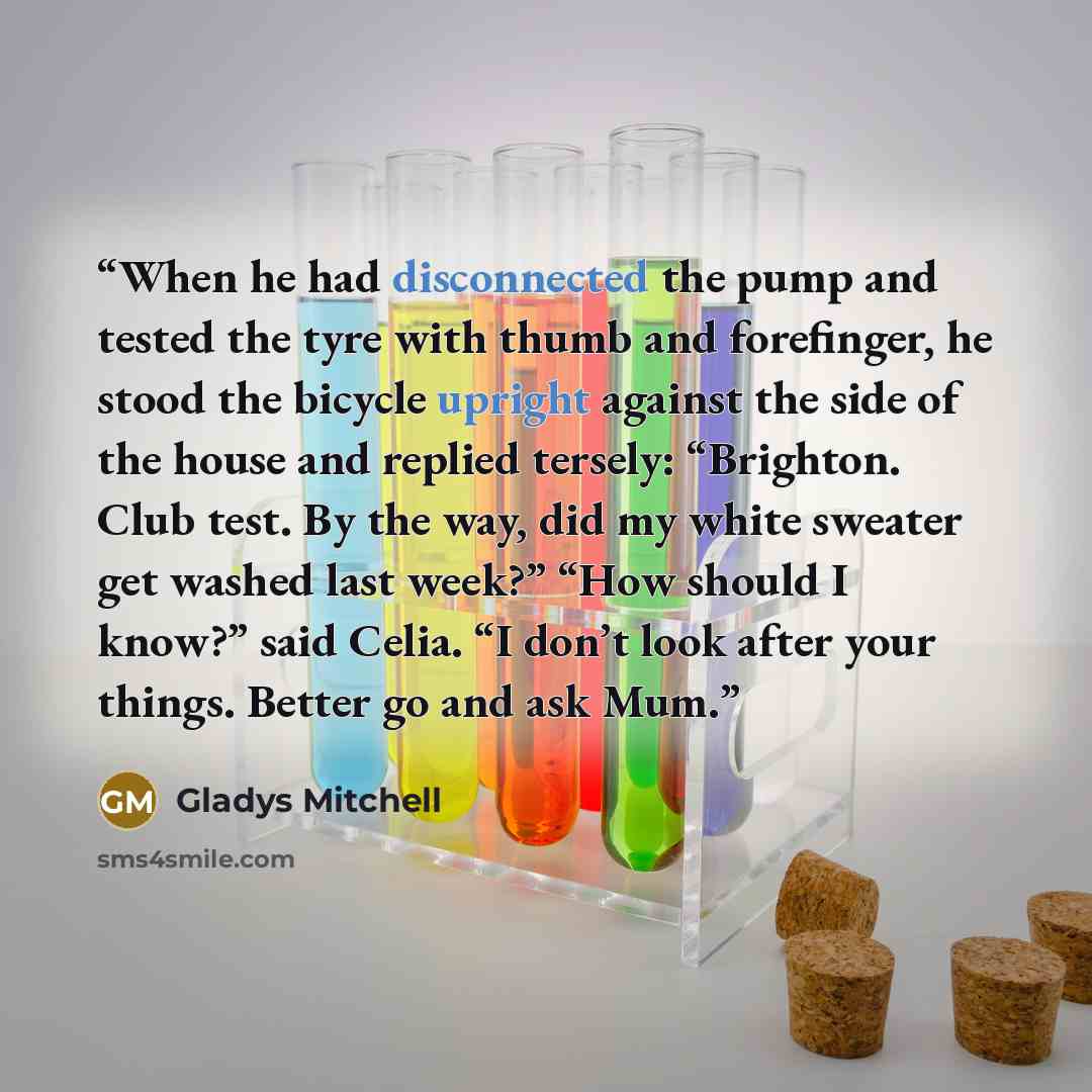 “When he had disconnected the pump and tested the tyre with thumb and forefinger, he stood the bicycle upright against the side of the house and replied tersely: “Brighton. Club test. By the way, did my white sweater get washed last week?” “How should I know?” said Celia. “I don’t look after your…” quote by Gladys Mitchell