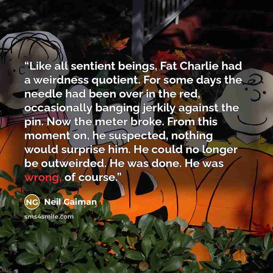 “Like all sentient beings, Fat Charlie had a weirdness quotient. For some days the needle had been over in the red, occasionally banging jerkily against the pin. Now the meter broke. From this moment on, he suspected, nothing would surprise him. He could no longer be outweirded. He was done. He was…” quote by Neil Gaiman