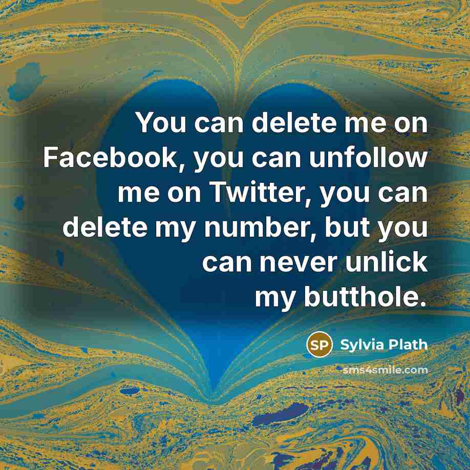 “You can delete me on Facebook, you can unfollow me on Twitter, you can delete my number, but you can never unlick my butthole.” quote by Sylvia Plath