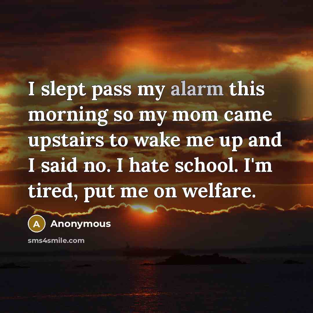 “I slept pass my alarm this morning so my mom came upstairs to wake me up and I said no. I hate school. I'm tired, put me on welfare.” quote by Anonymous