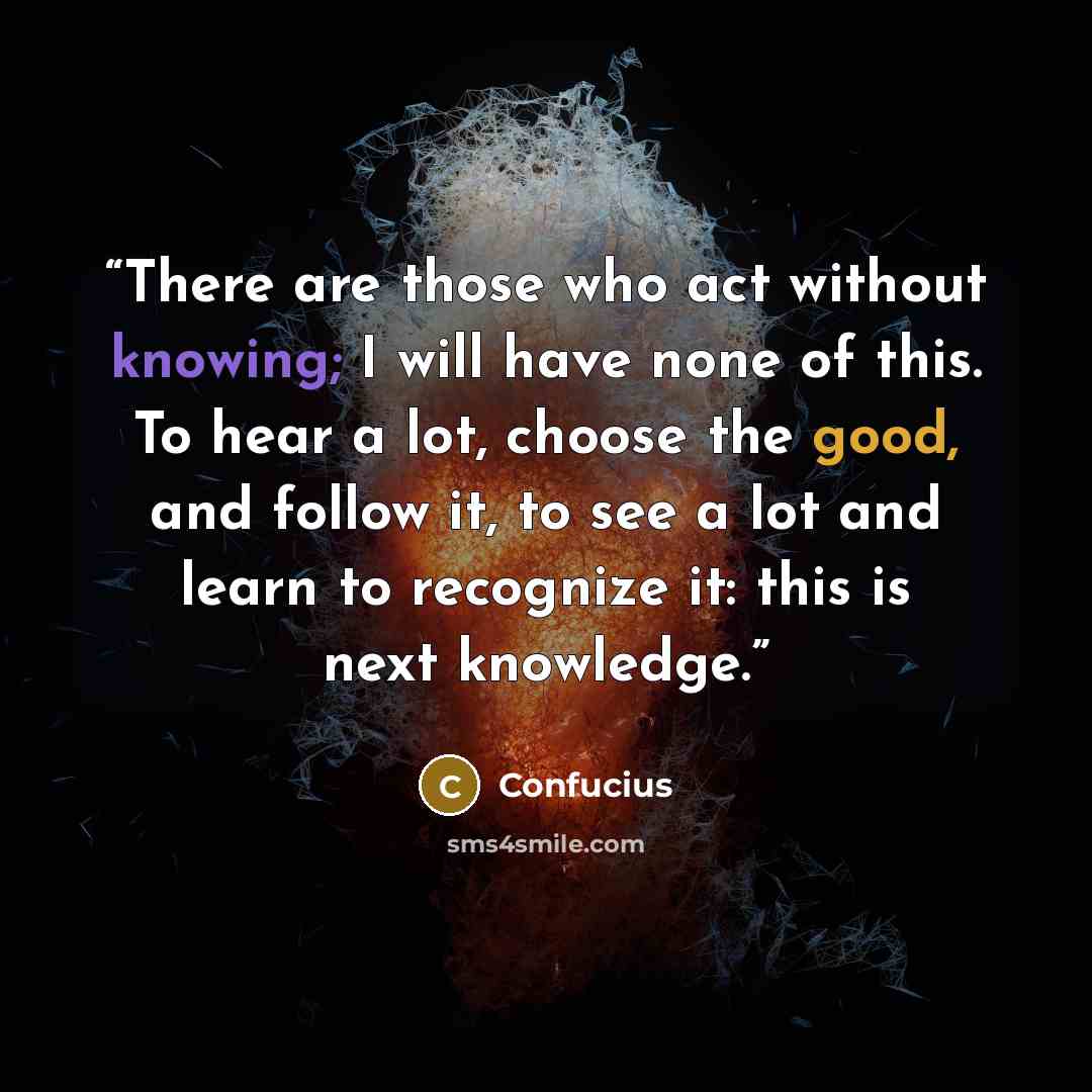 “There are those who act without knowing; I will have none of this. To hear a lot, choose the good, and follow it, to see a lot and learn to recognize it: this is next knowledge.” quote by Confucius