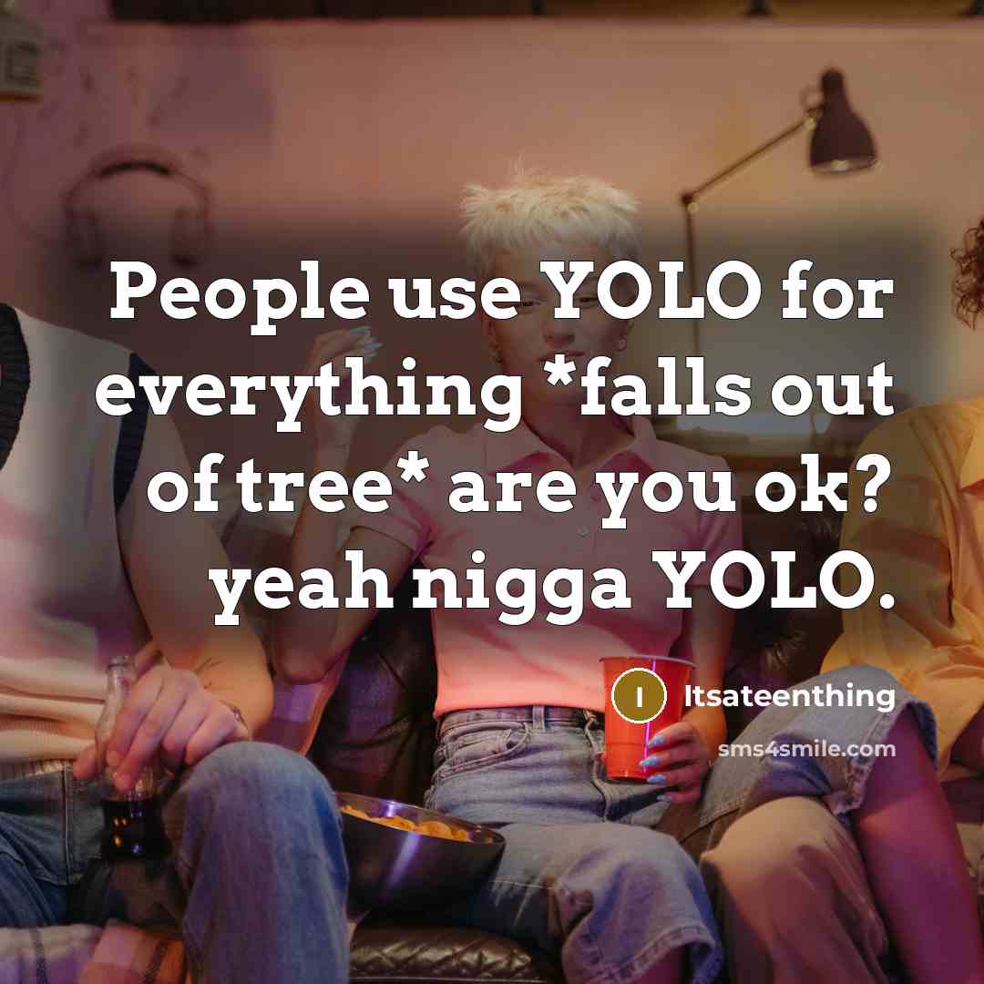 “People use YOLO for everything *falls out of tree* are you ok? yeah nigga YOLO.” quote by Itsateenthing
