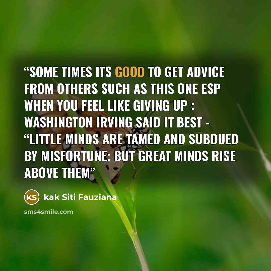 “some times its good to get advice from others such as this one esp when you feel like giving up : Washington Irving said it best - “Little minds are tamed and subdued by misfortune; but great minds rise above them” quote by kak Siti Fauziana