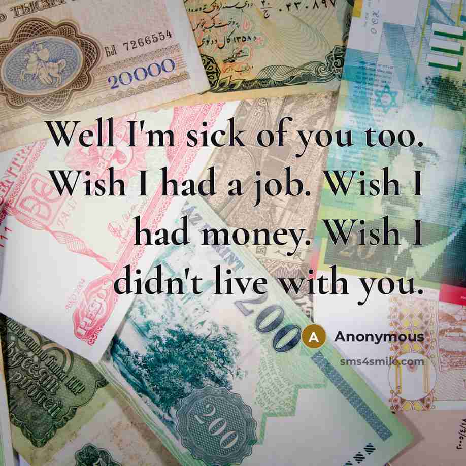 “Well I'm sick of you too. Wish I had a job. Wish I had money. Wish I didn't live with you.” quote by Anonymous