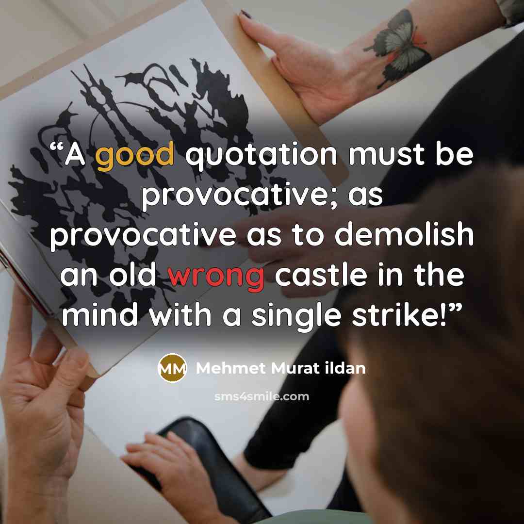 “A good quotation must be provocative; as provocative as to demolish an old wrong castle in the mind with a single strike!” quote by Mehmet Murat ildan