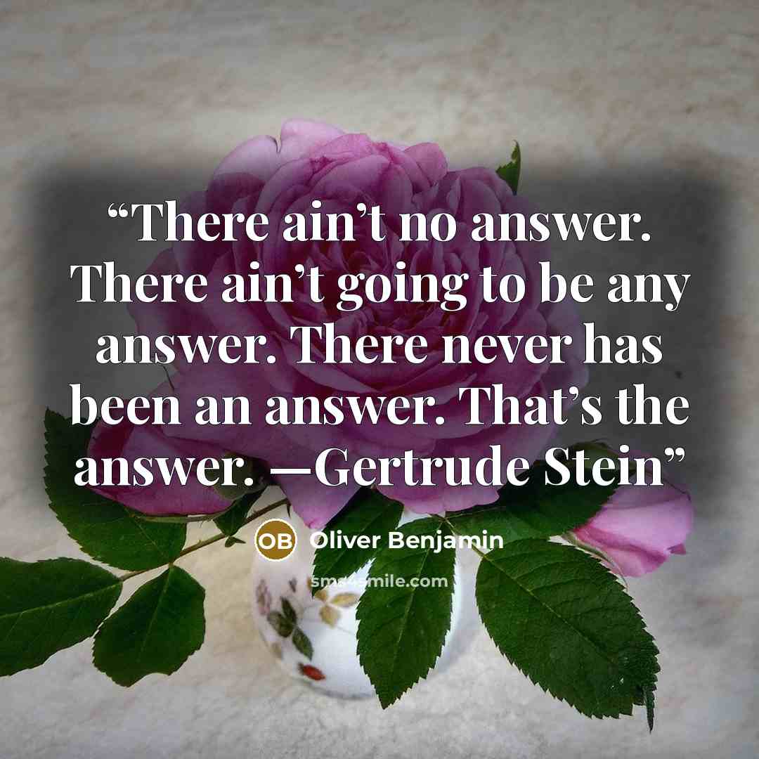“There ain’t no answer. There ain’t going to be any answer. There never has been an answer. That’s the answer. —Gertrude Stein” quote by Oliver Benjamin