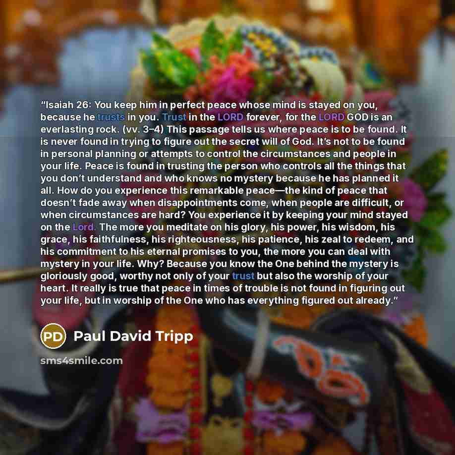 “Isaiah 26: You keep him in perfect peace whose mind is stayed on you, because he trusts in you. Trust in the LORD forever, for the LORD GOD is an everlasting rock. (vv. 3–4) This passage tells us where peace is to be found. It is never found in trying to figure out the secret will of God. It’s not…” quote by Paul David Tripp