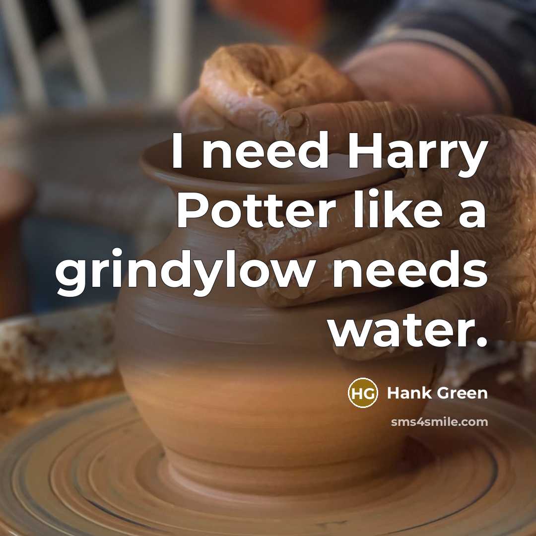 “I need Harry Potter like a grindylow needs water.…” quote by Hank Green