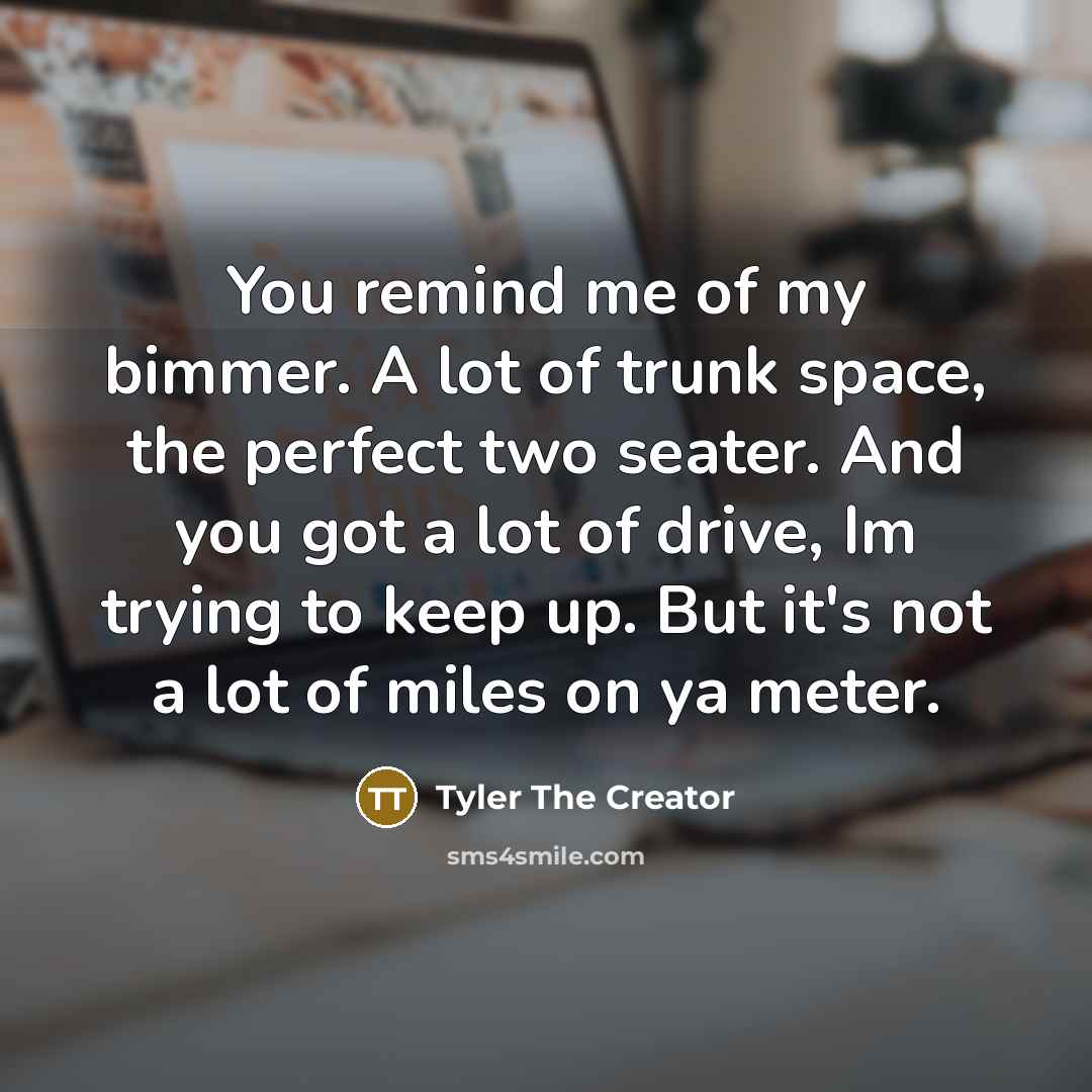 “You remind me of my bimmer. A lot of trunk space, the perfect two seater. And you got a lot of drive, Im trying to keep up. But it's not a lot of miles on ya meter.” quote by Tyler The Creator