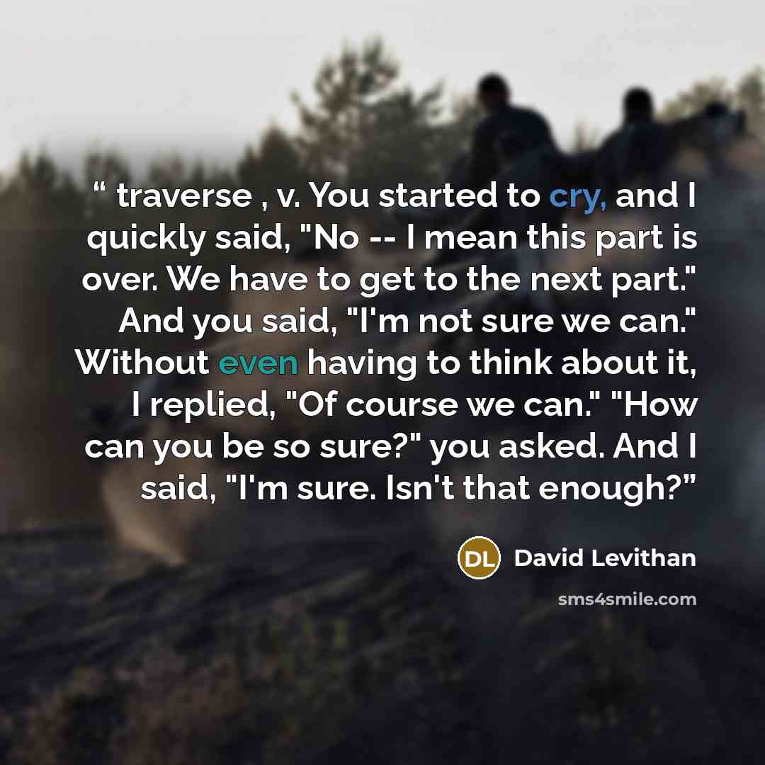 “traverse , v. You started to cry, and I quickly said, "No -- I mean this part is over. We have to get to the next part." And you said, "I'm not sure we can." Without even having to think about it, I replied, "Of course we can." "How can you be so sure?" you asked. And I said, "I'm sure. Isn't that…” quote by David Levithan